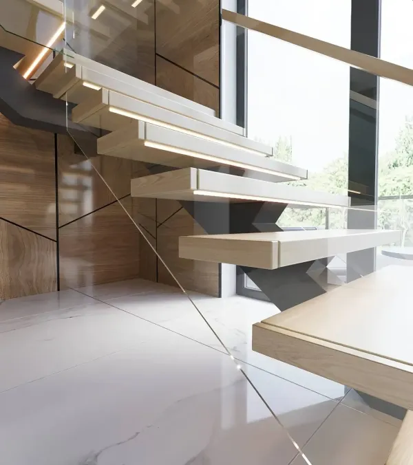Frameless glass balustrade on a floating stair system